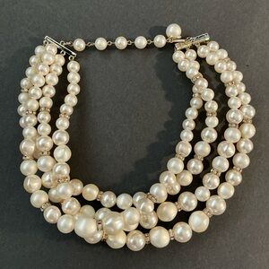 Vintage Multi-Strand Faux Pearl Statement Necklace – Rhinestone Spacer Formal